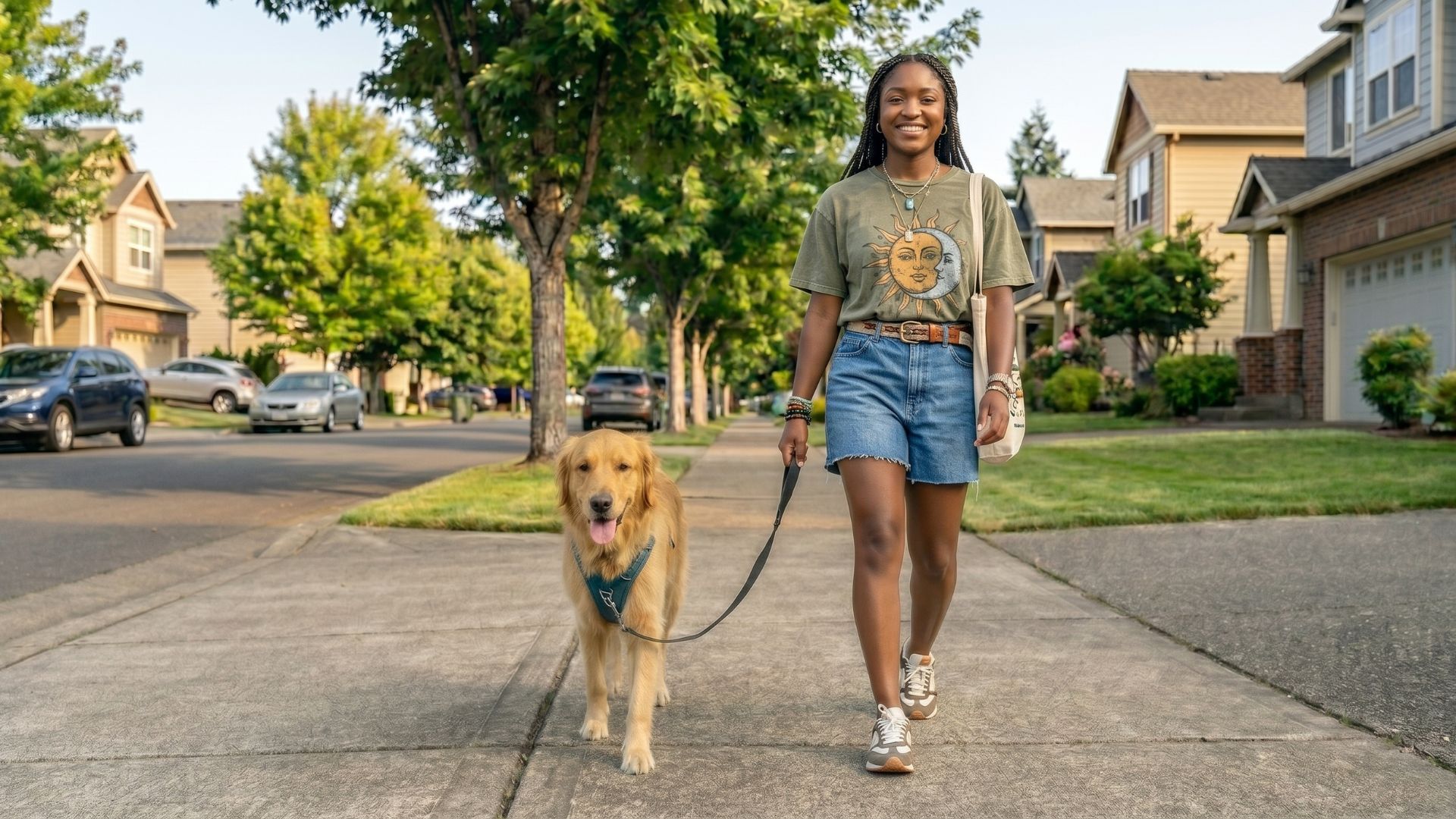 A woman walking her dog calmly on a loose leash down a quiet, tree-lined street