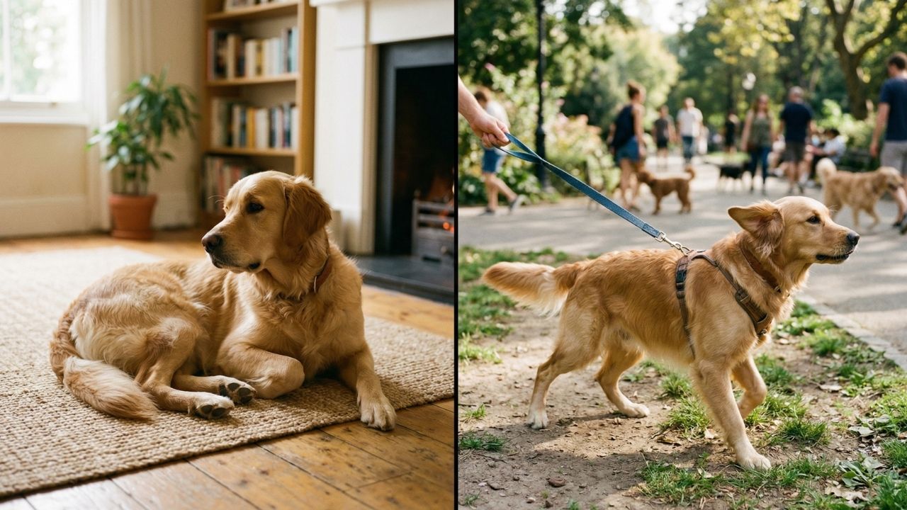 A dog calm and relaxed at home on the left, the same dog pulling on a leash outside on the right