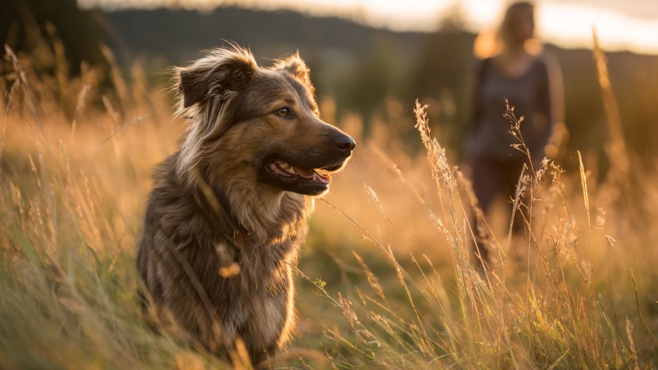 A dog distracted in tall grass, owner standing behind in soft focus